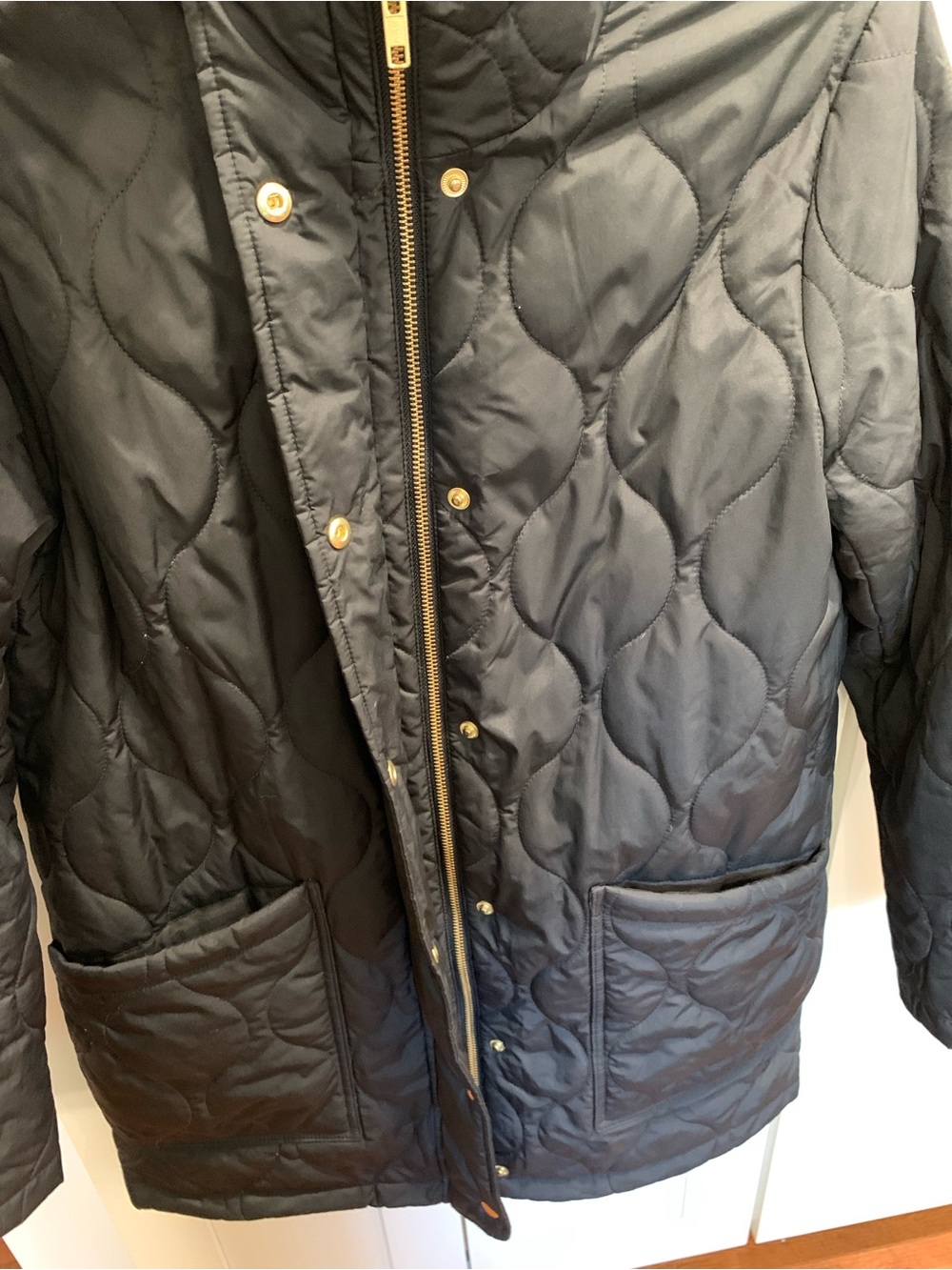 J CREW FACTORY City Puffer Coat Women's S Black Quilted Pockets Gold Details - Picture 2 of 14